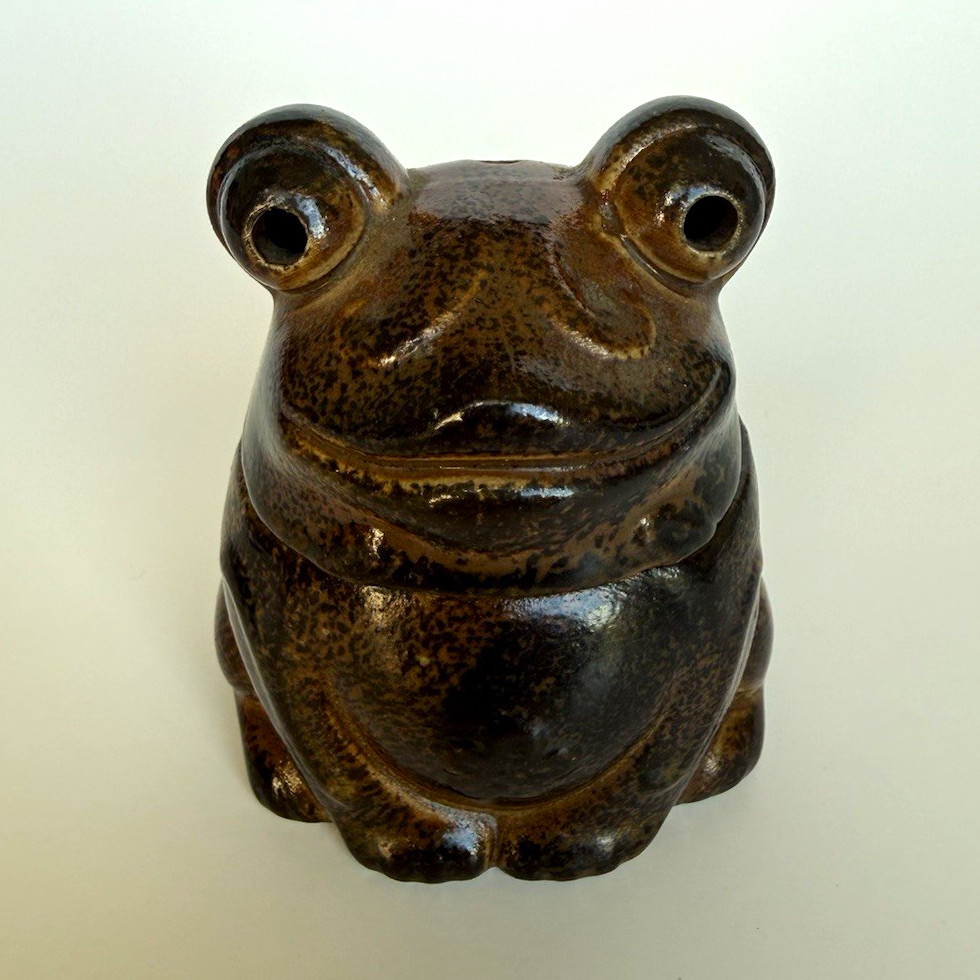Vintage MCM Brown Speckled Stoneware Frog Incense Burner Holder