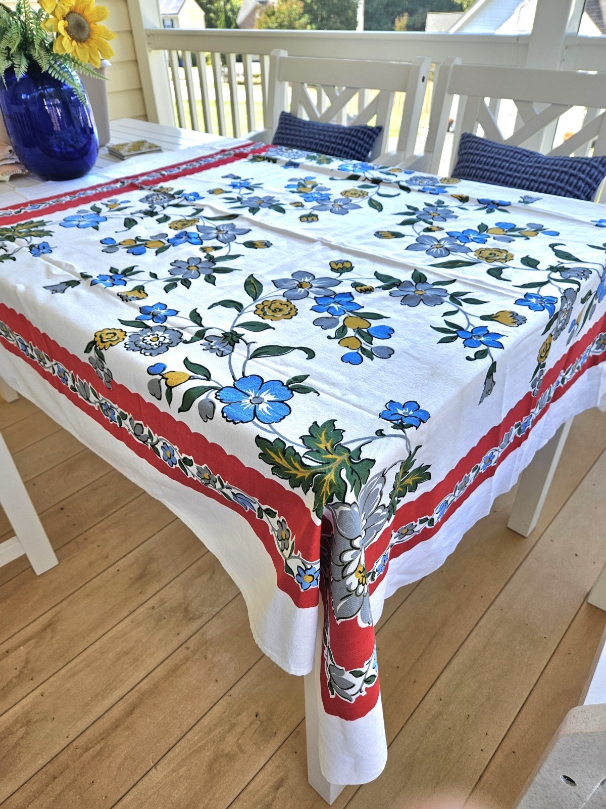 Vtg 50\'s Startex Tablecloth Blue Flowers Red Border NICE 46\