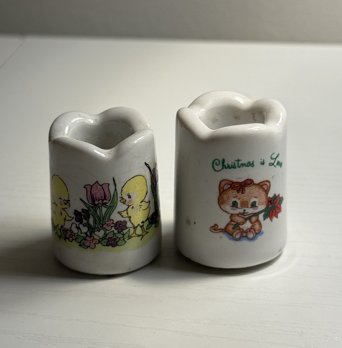 Vintage Ceramic Russ Toothpick Holders, Christmas Cat & Spring Ducks- Lot of 2
