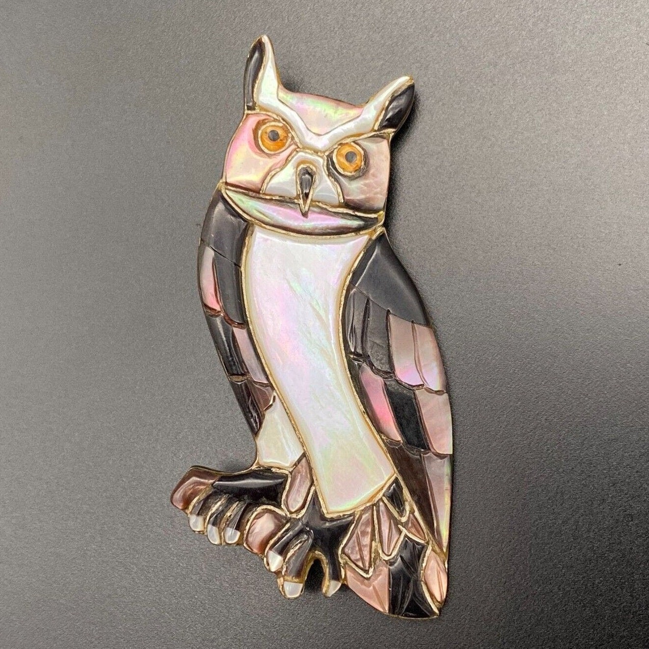 Vintage Zuni Native Owl Bird MOP Sterling Silver Pin Brooch Pendant