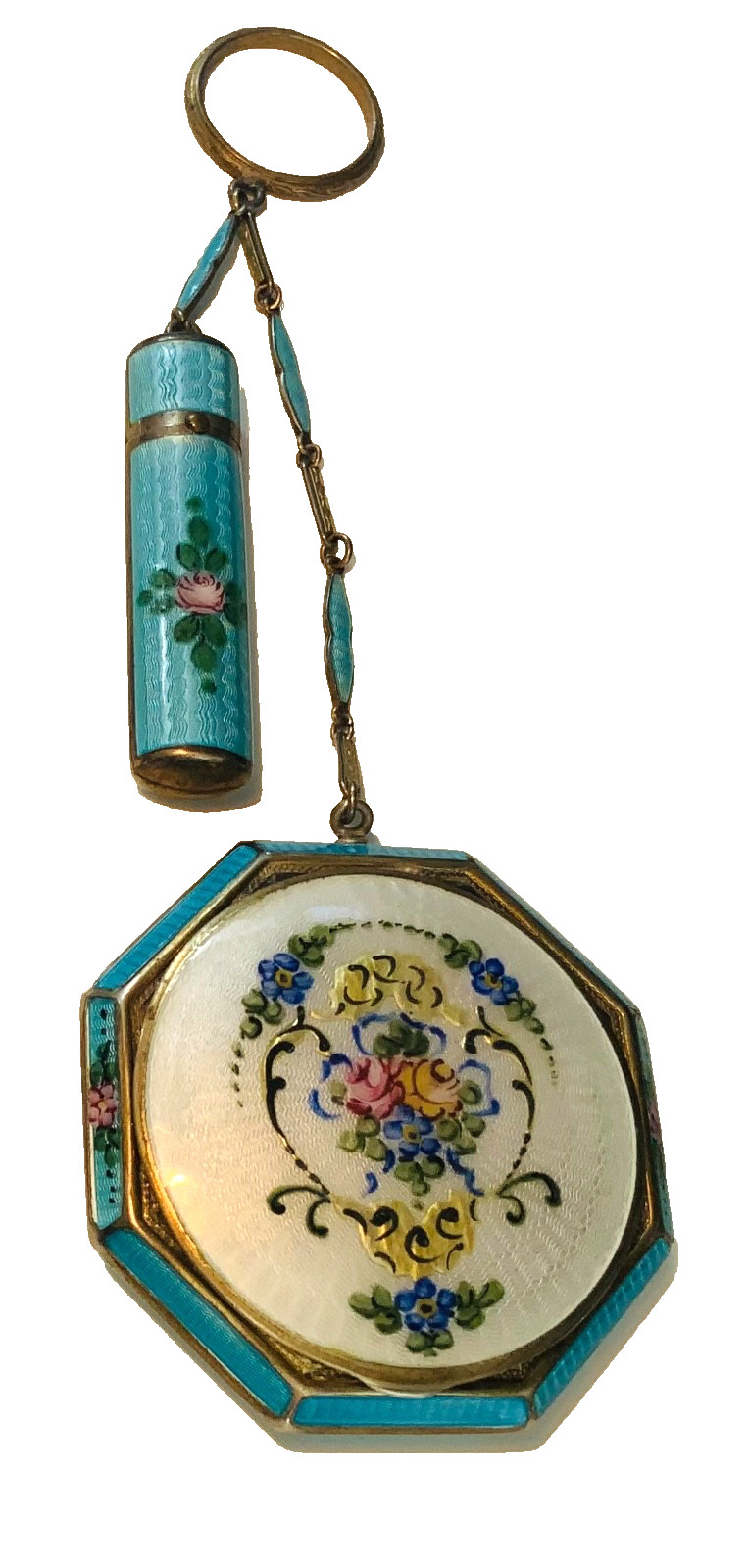 GORGEOUS Antique HP FLORAL ENAMEL GUILLOCHE COMPACT w LIPSTICK/CHAIN. M*I*N*T