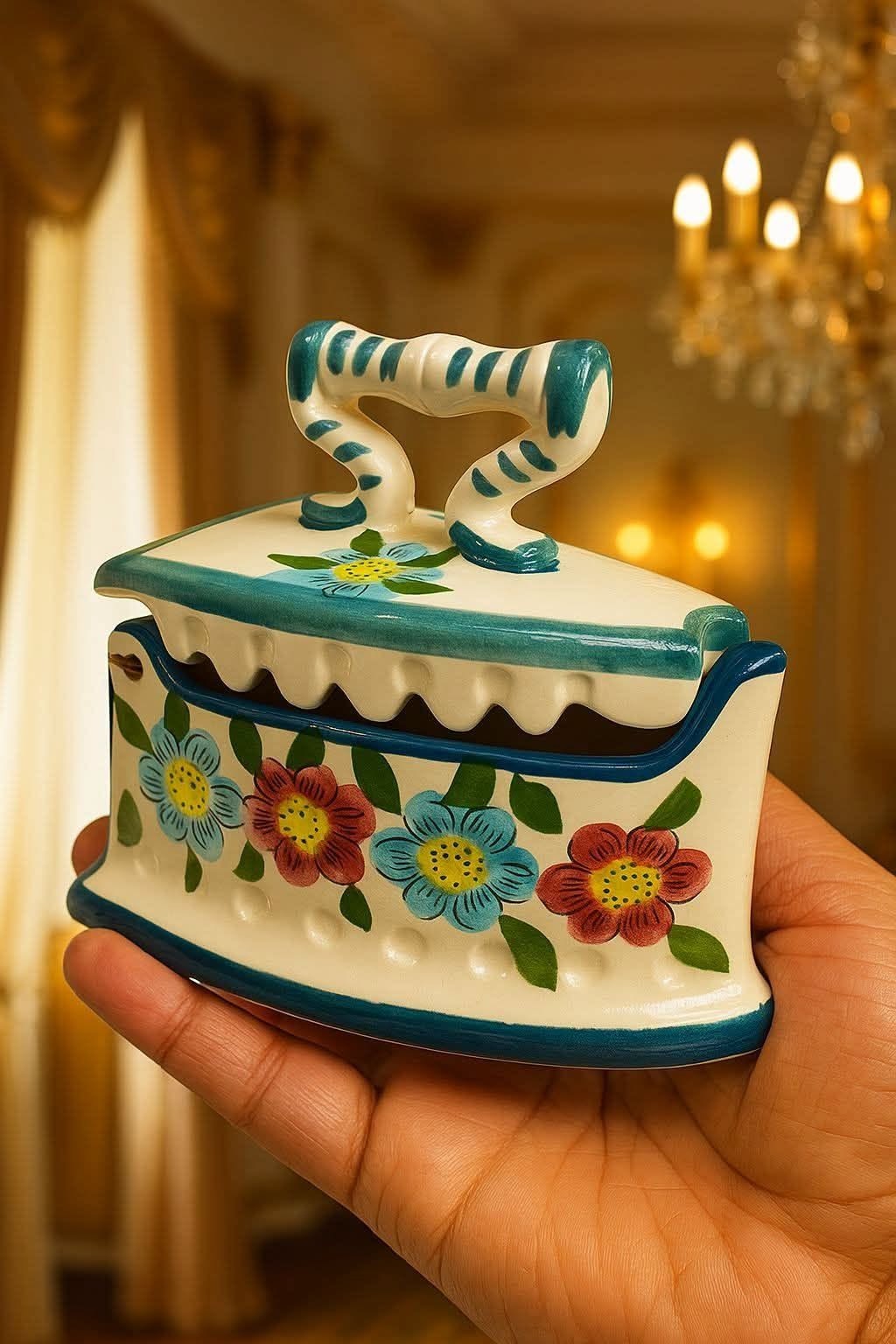 Vintage Ceramic Iron Shaped Trinket Hand Painted Floral Hinged Lid white green