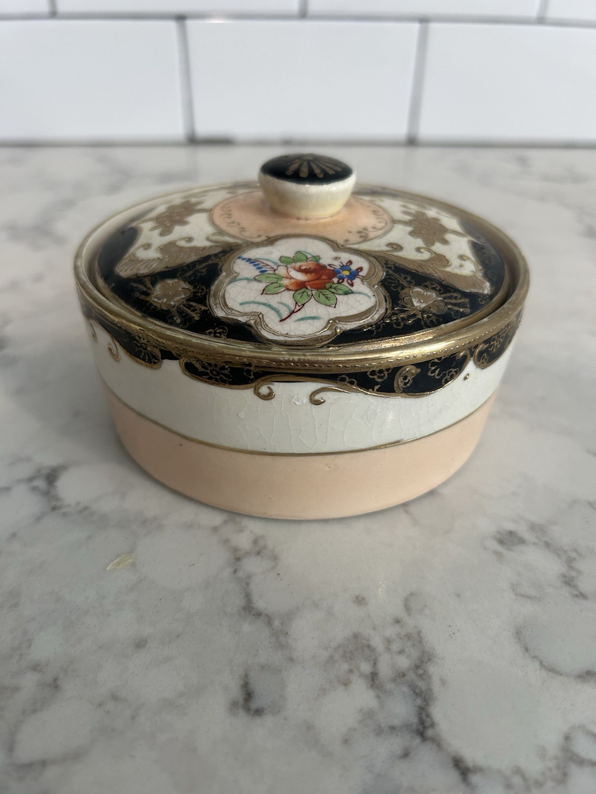 Vintage Hand Painted Japan Porcelain Trinket Box Lidded Floral Gold Black
