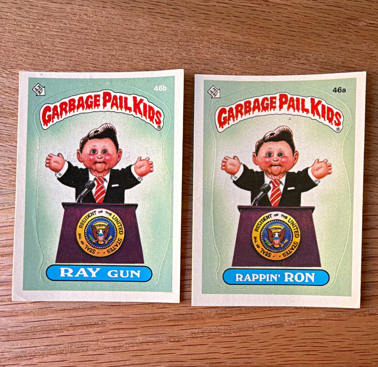 Topps 1985 Garbage Pail Kids 2nd Series Rappin' Ron 46a + Ray Gun 46b