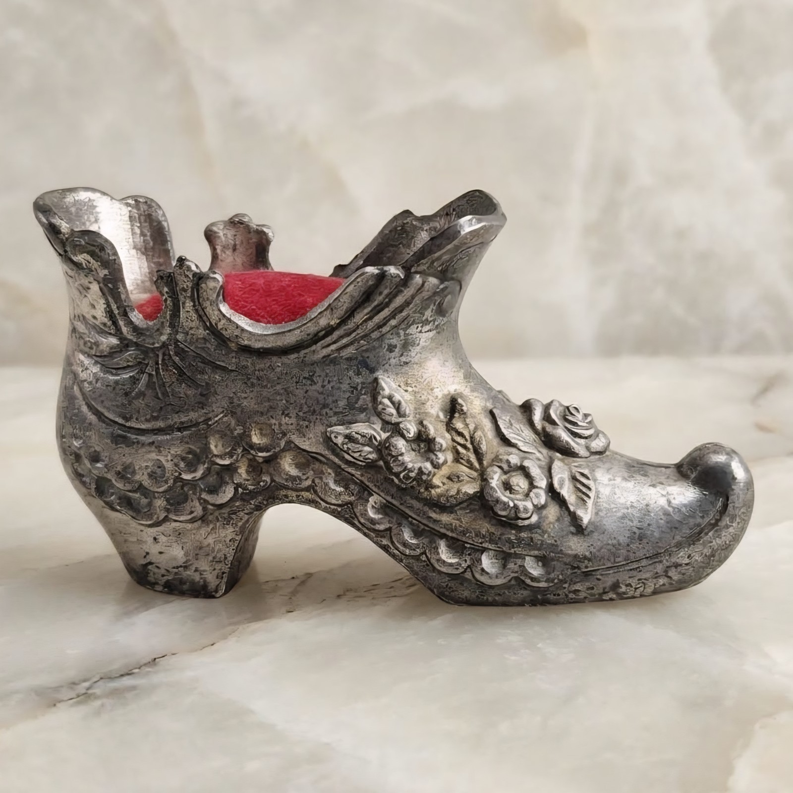 Vtg Victorian Style Shoe Pincushion Cast Metal Boot Pin Cushion Silver Tone Red