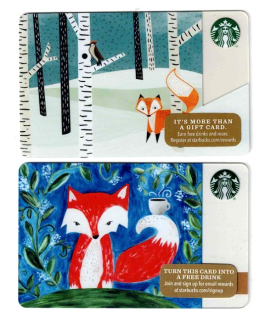 2014 2015 STARBUCKS Gift Card - Winter Fox - LOT of 2 - Collectible - No Value