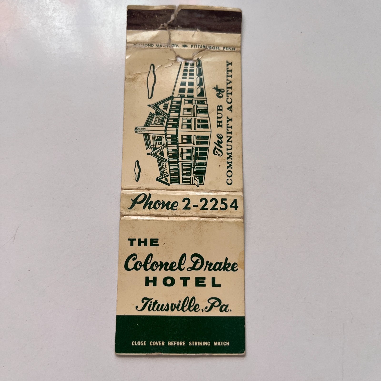 The Colonel Drake Hotel The Hub Titusville PA Vintage Matchbook Cover TMB63-3