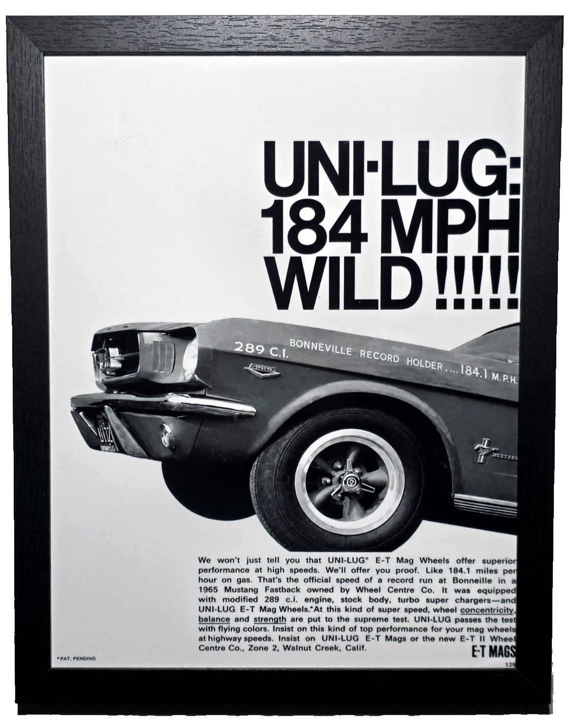 Framed Mustang UNI-LUG 184MPH 289 Reproduction Print - 8.5x11