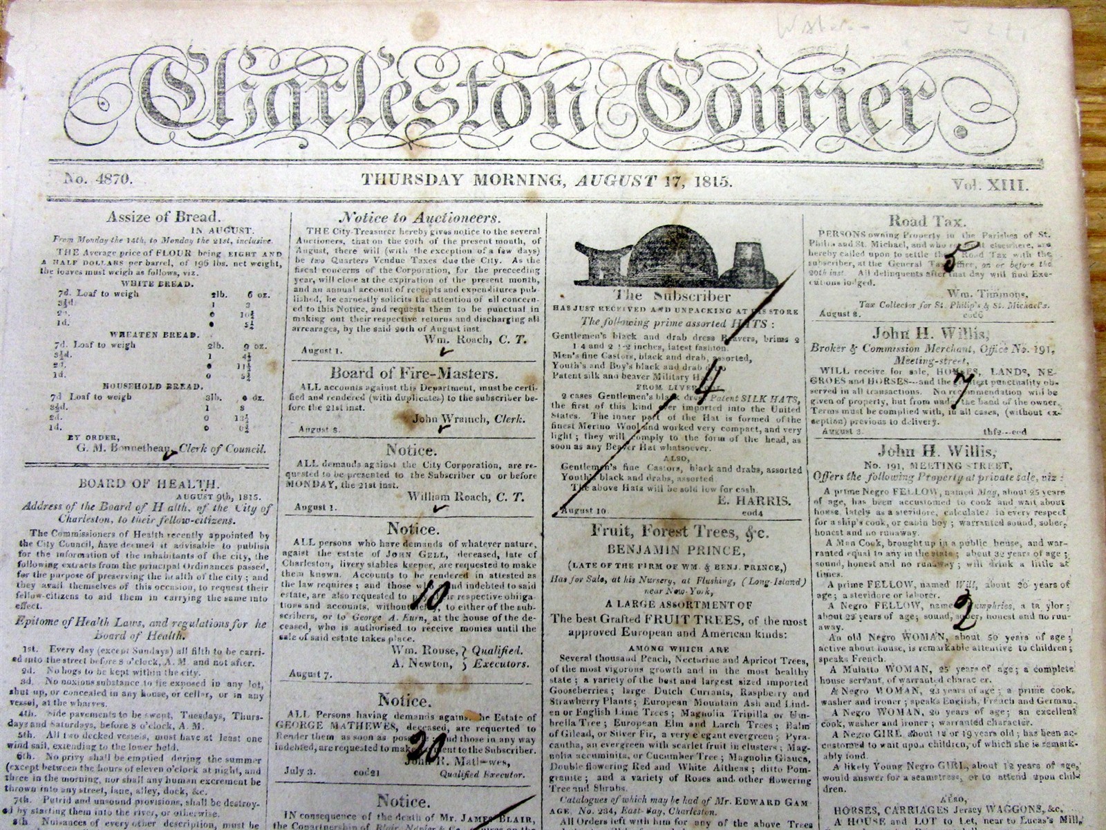 Rare 1815 Charleston SOUTH CAROLINA newspaper w BATTLE OF WATERLOO + 6 SLAVE ADS