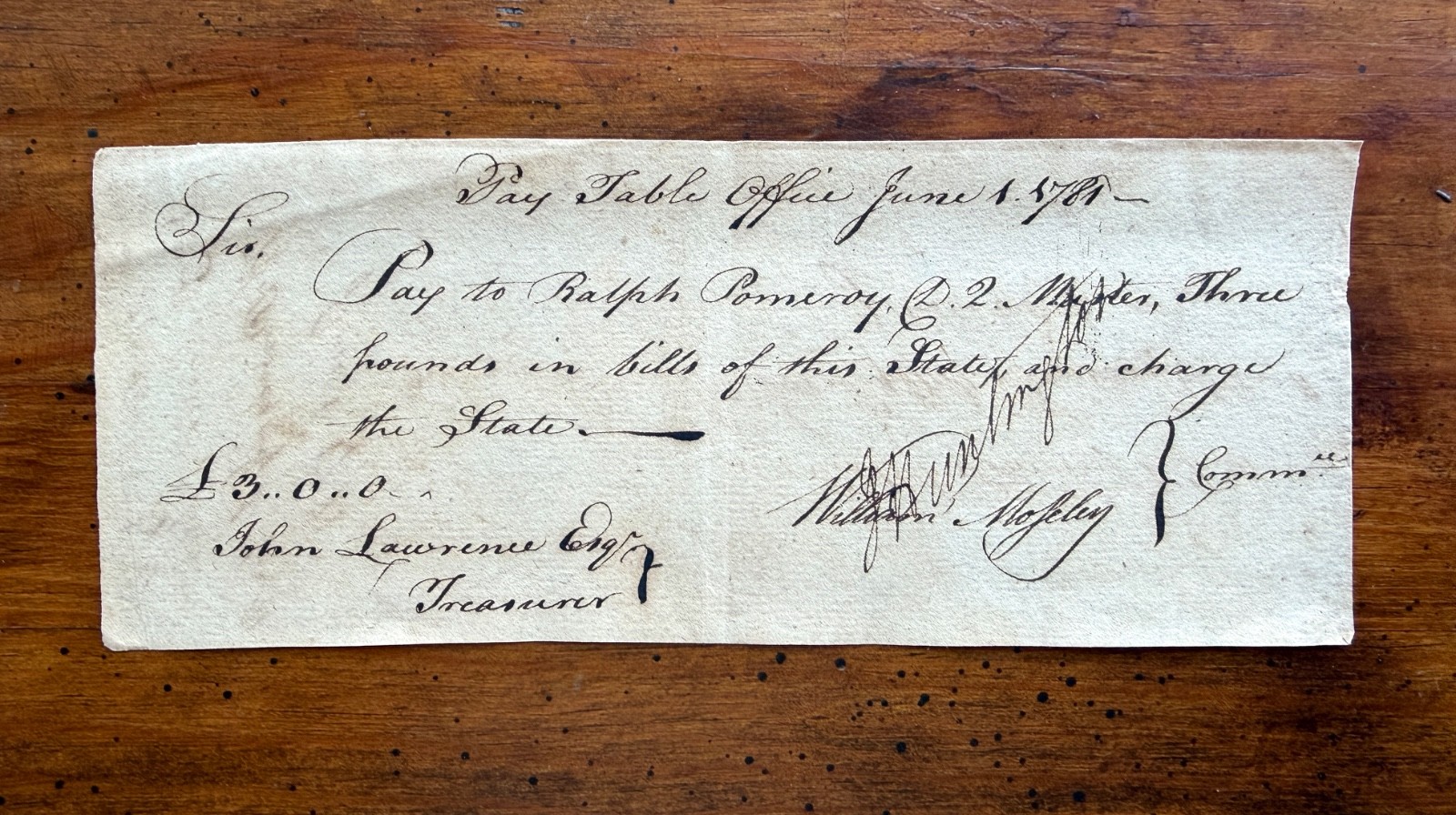 1781 Revolutionary War Connecticut Pay Table Voucher Signed Ralph Pomeroy War