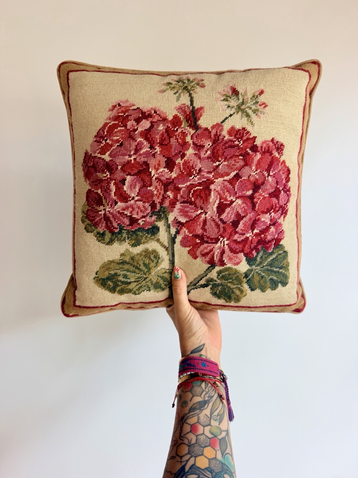 Vintage Handmade Needlepoint Hydrangea Decorative Pillow 15x15 Floral Boho Retro