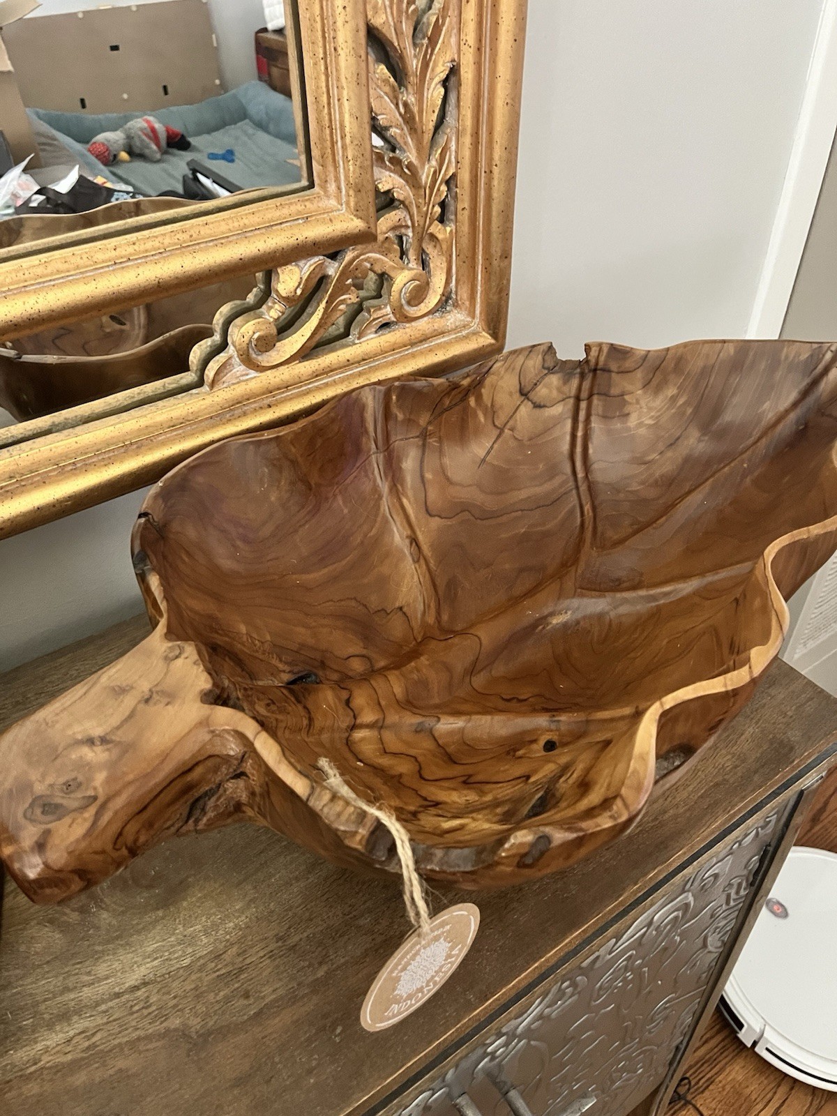 Handcrafted Indonesian Leaf-Shaped Wood Decorative Bowl, Brown Wood Grain