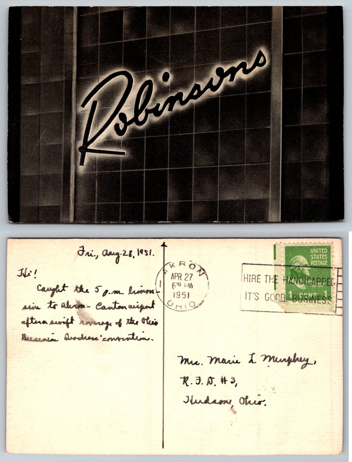 Vintage 1951 Robinsons Department Store Neon Sign Postcard Akron Ohio Postmarked