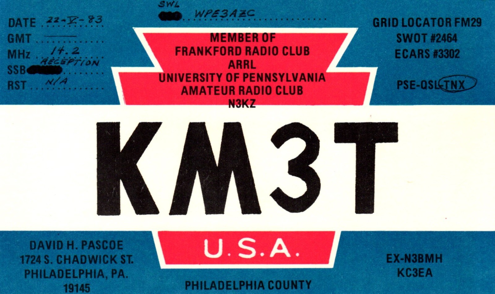 Philadelphia Pennsylvania KM3T QSL Radio Postcard
