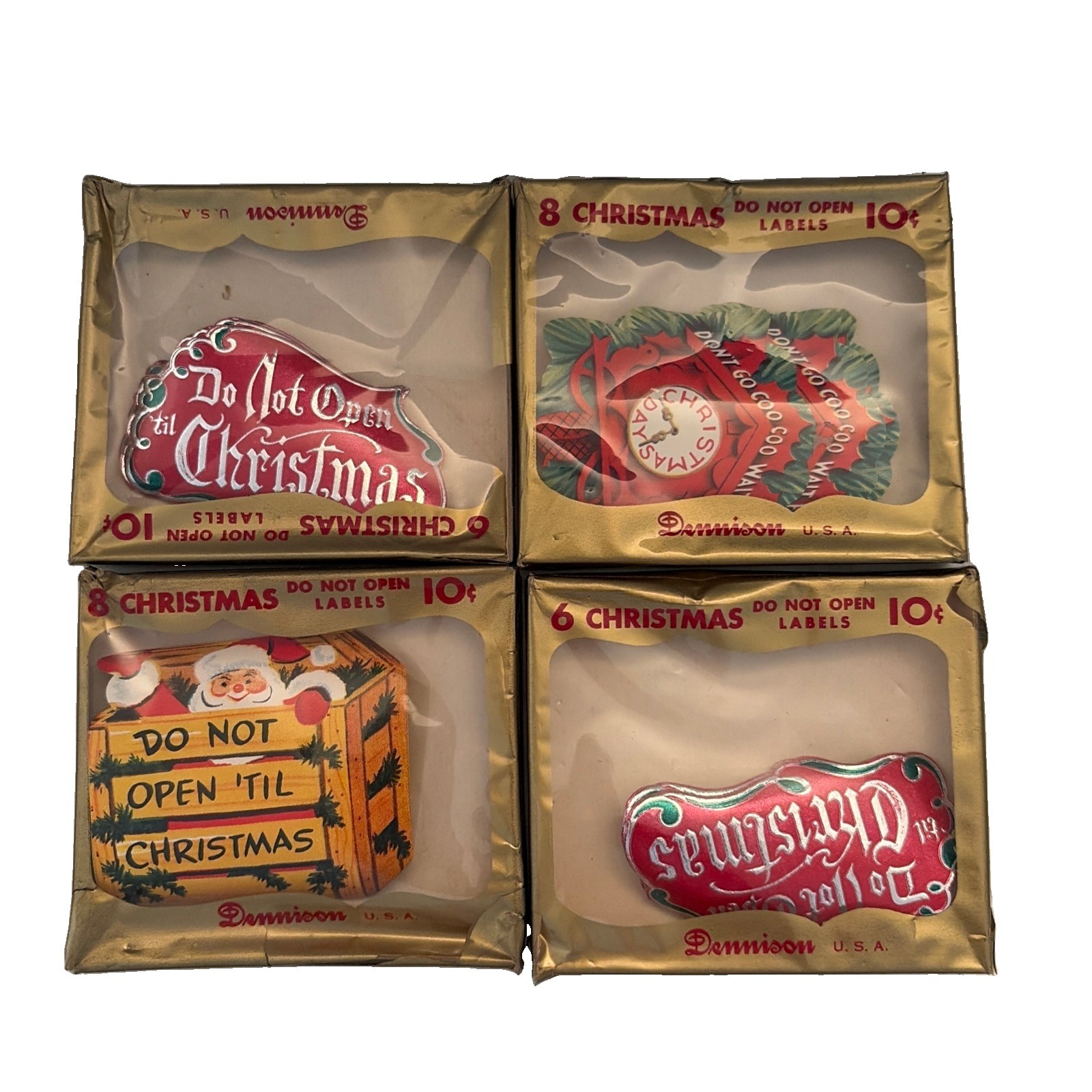 Vintage Christmas Labels Gift Tags Gummed Seals Dennison - Lot Of 4