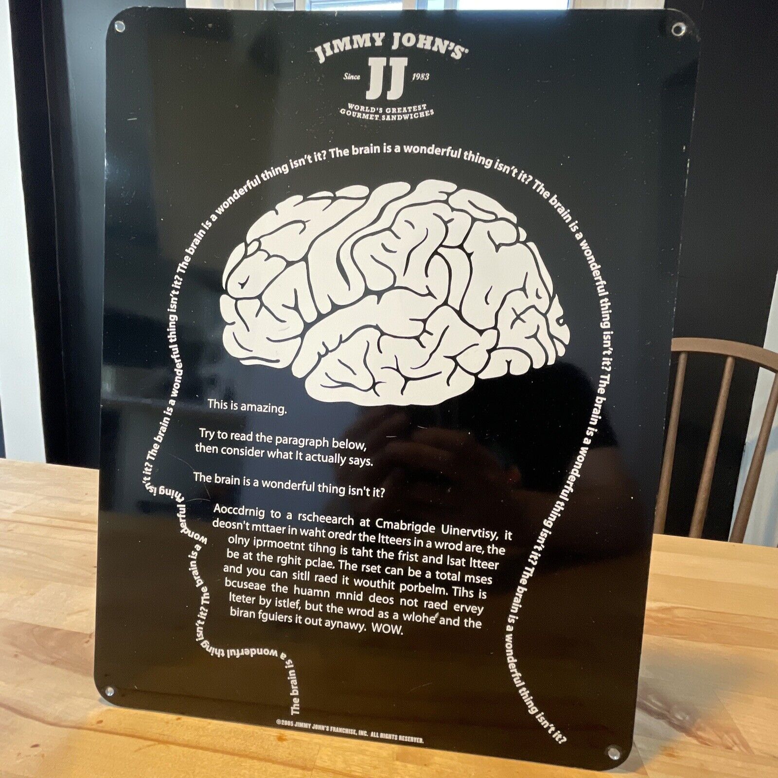 Authentic Jimmy John\'s Metal Tin Sign The Brain Is A Wonderful Thing 2005