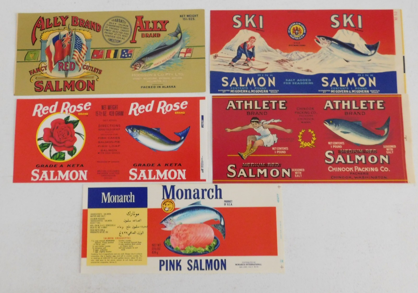 10  Different Vintage Salmon Can Labels.