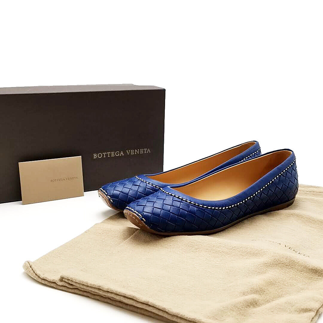 Bottega Veneta Ballet Flats Intrecciato Leather Shoes Made in Italy Blue 23cm