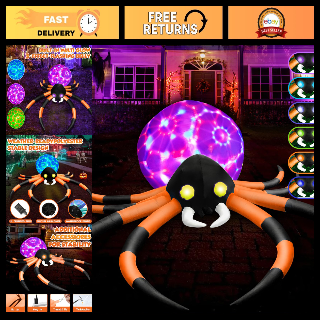 12FT Halloween Inflatable Spider with Color-Changing Eyes & Flashing Belly - Out