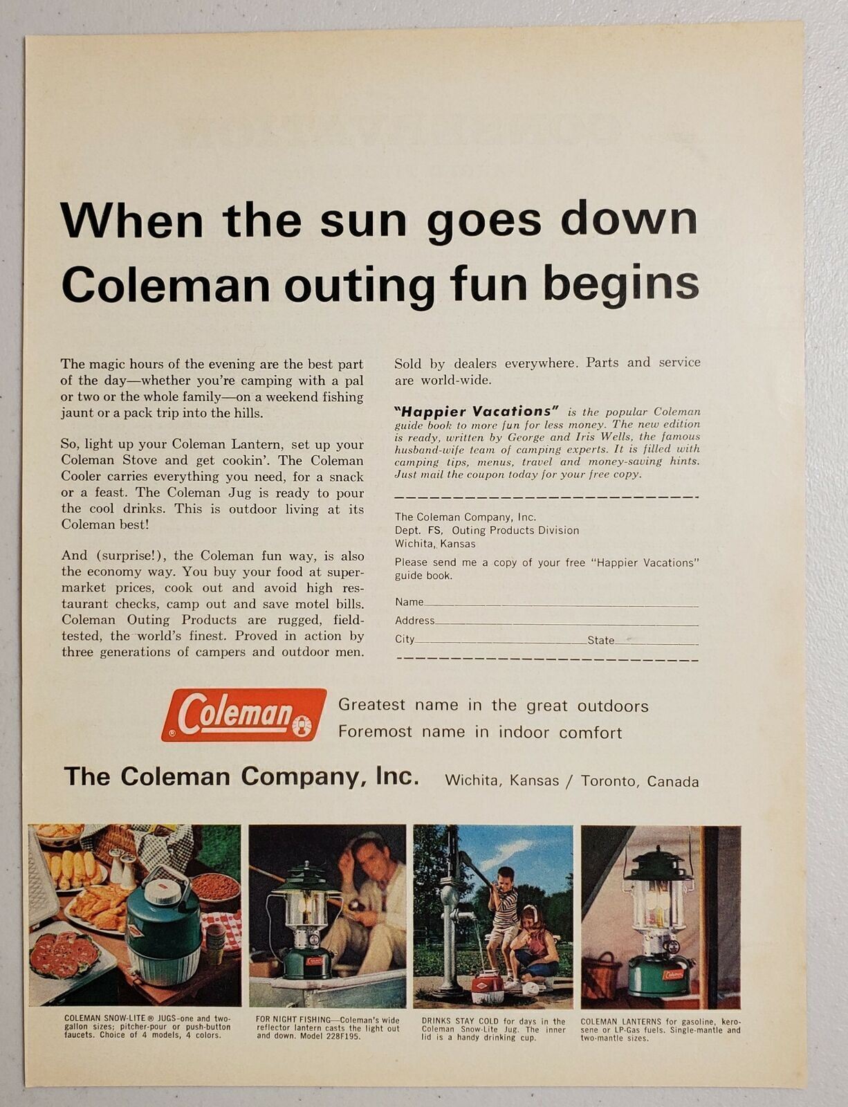1964 Print Ad Coleman Outing Fun Lanterns,Snow-Lite Jugs Wichita,Kansas
