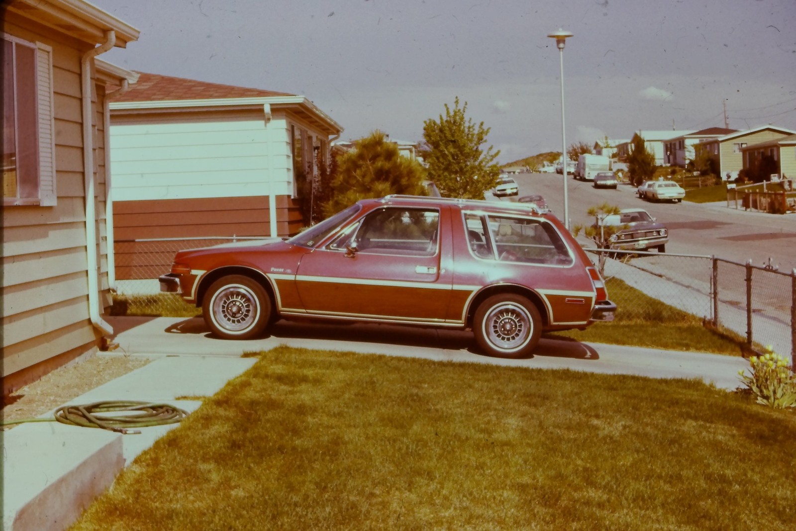 c1970\'s 35mm Slide, AMC Pacer, Suburban Street, Residential Neighborhood brown