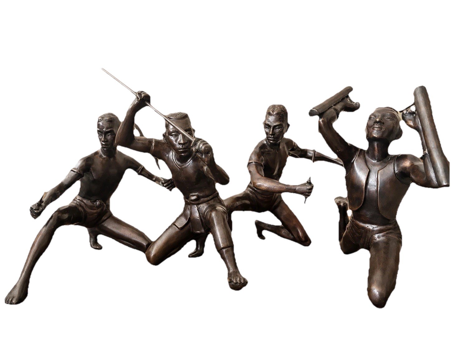 Set of 4 Vintage Bronze African Tribal Warrior Sculptures Fighter Art Statues
