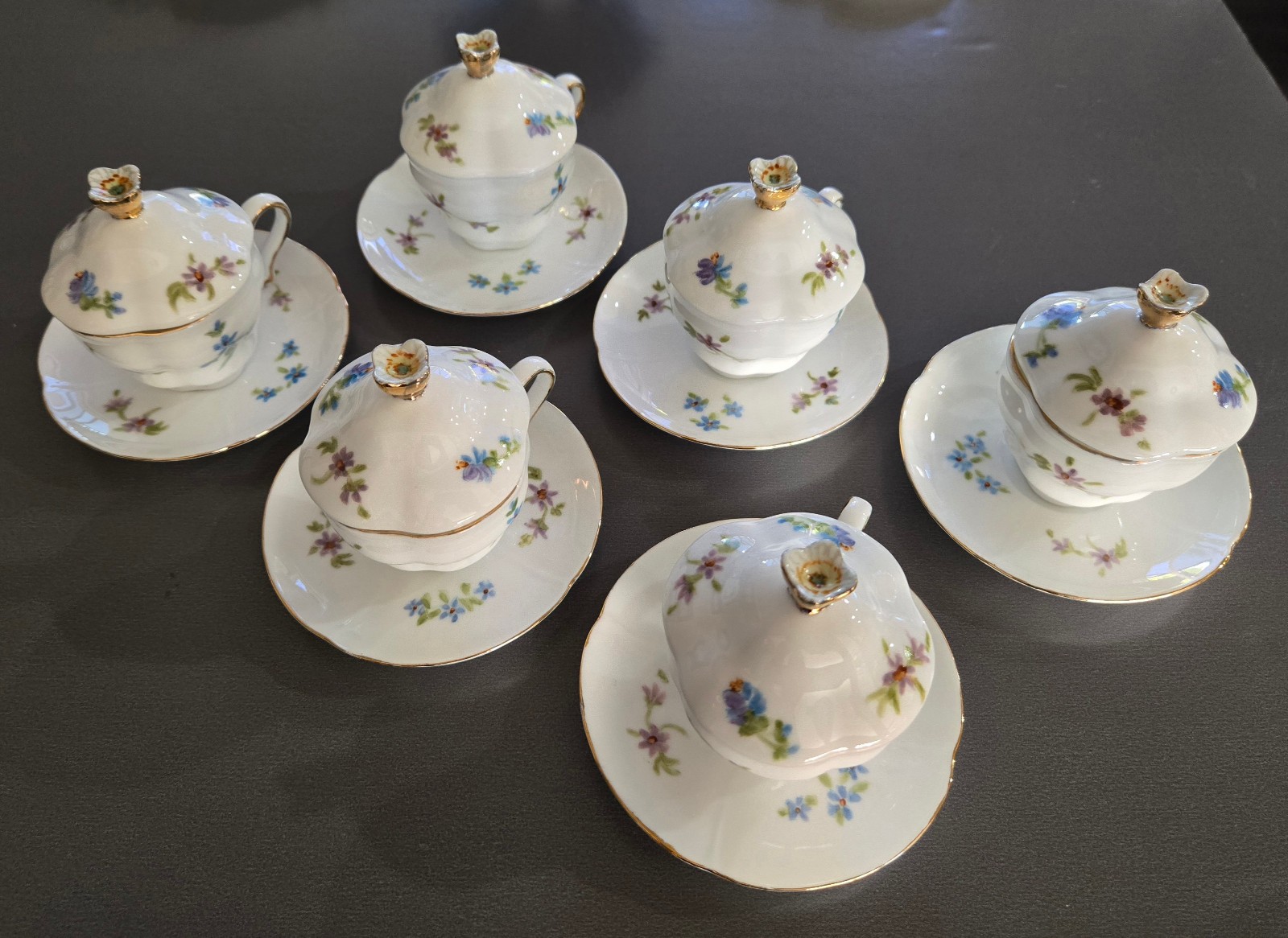 Set of 6 Covered Porcelain Chocolate Cups & Saucers Floral Gold Trim Finials