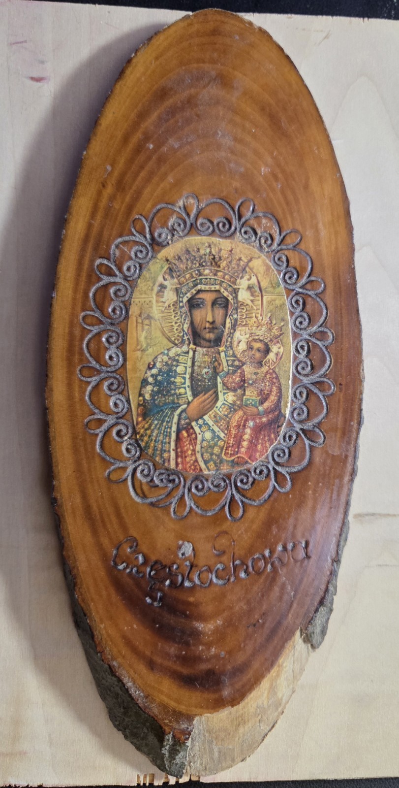 Vintage Our Lady of Czestochowa Black Madonna Wood Slice Religious Wall Plaque