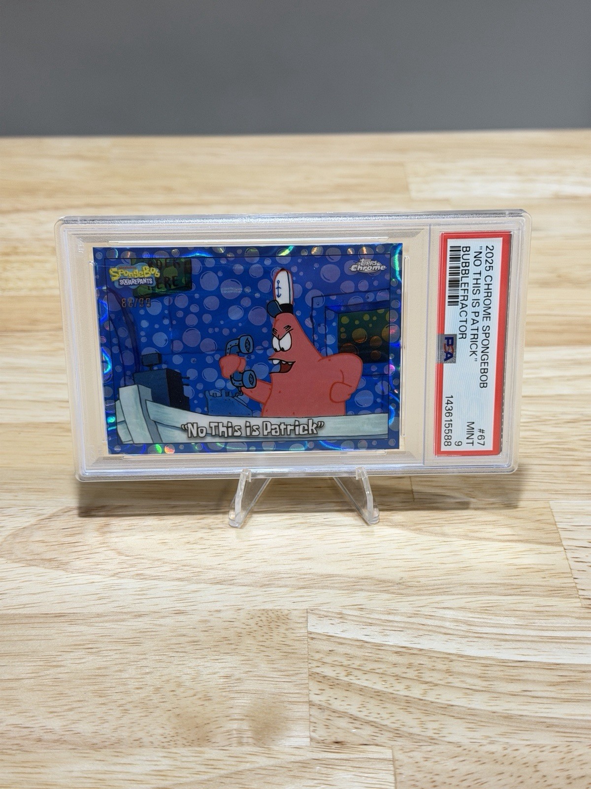2025 Topps Chrome SpongeBob No This is Patrick Blue Bubblefractor /99 PSA 9