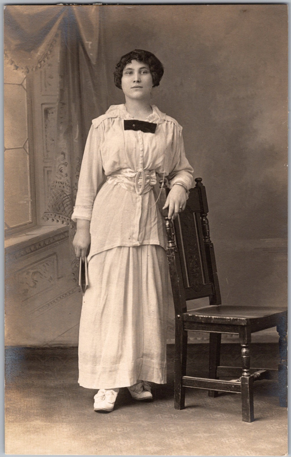 Antique RPPC Real Photo Postcard Standing Woman Edwardian Dress Bow Accent AZO