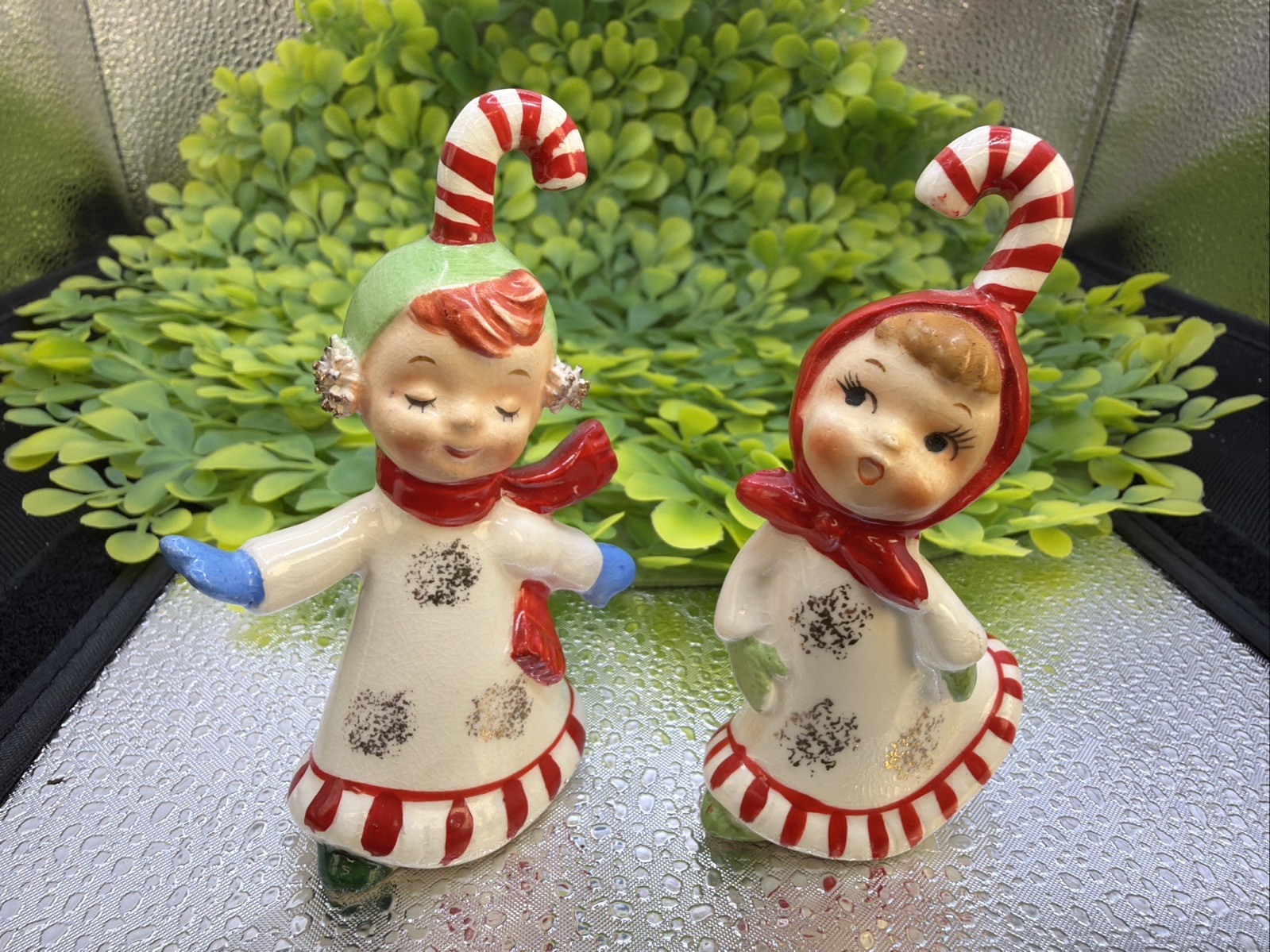 Set of 2 - Lefton Christmas Candy Cane Kids #625 Blue + Green Mittens Figurines