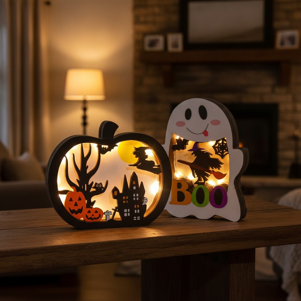 2-Pack Halloween Lighted Wooden Pumpkin & Ghost Decorations