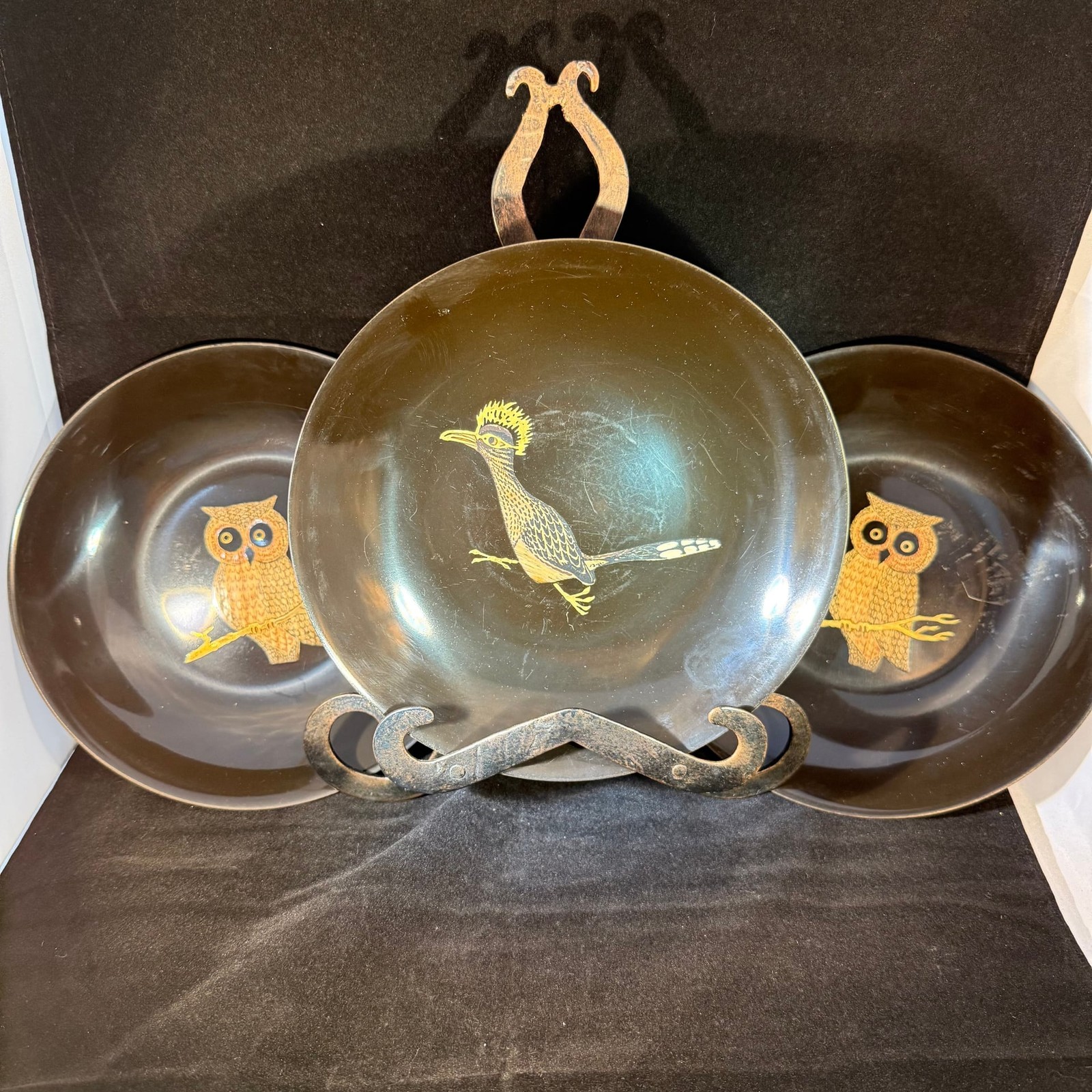 Vintage Mid-Century Couroc Hand Inlaid Small Plates Owl & Roadrunner, (3)