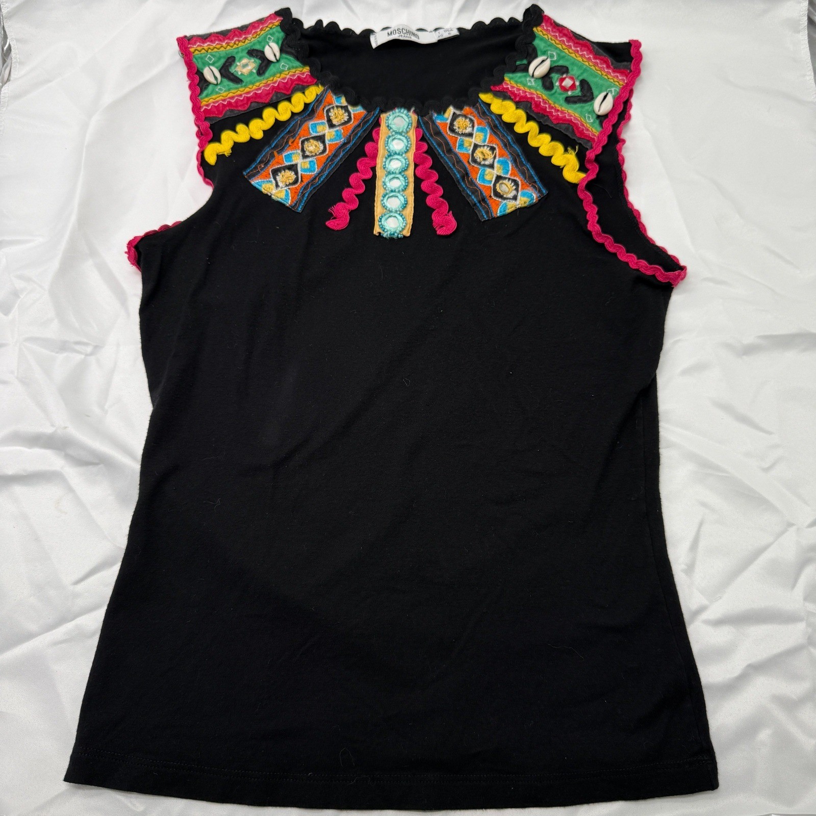 Vintage Moschino Jeans Y2K Embroidered Tribal Cowrie Shell Stretch Top Italy