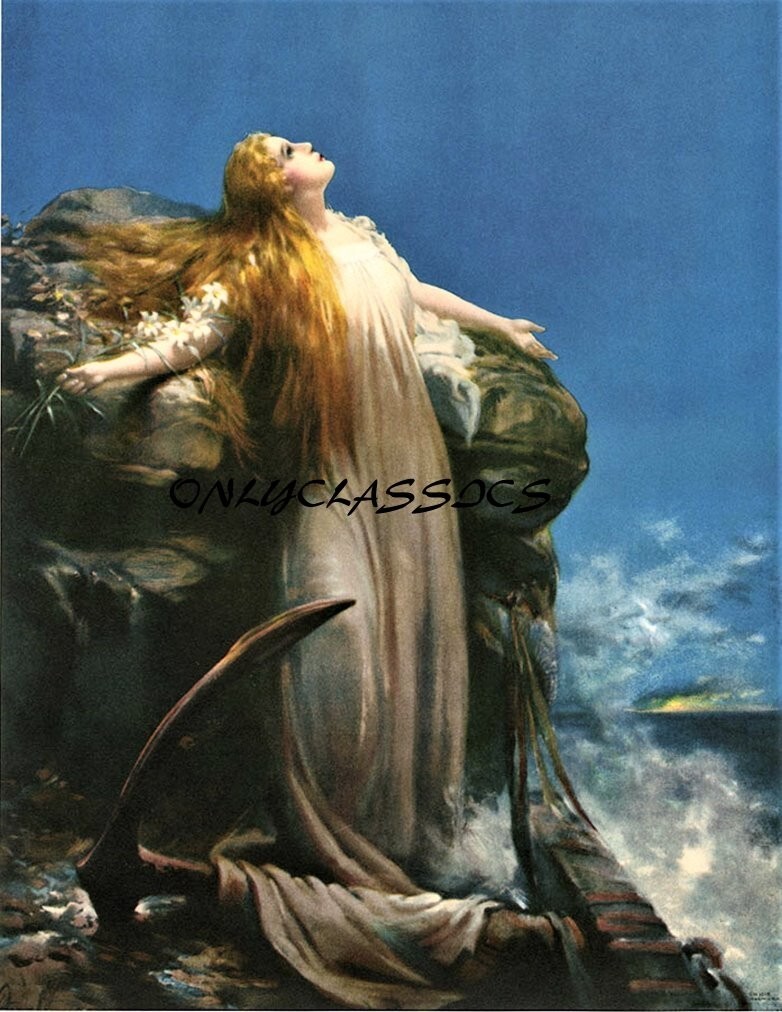 1921 Art Nouveau PinUp Print Moonlit Sea Nymph Andromeda Ocean Beauty Woman