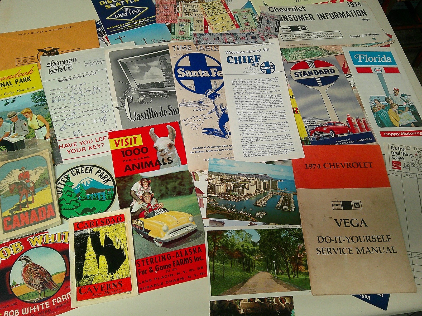 Vintage Ephemera Travel Lot Brochures Decals maps Tickets Postcards