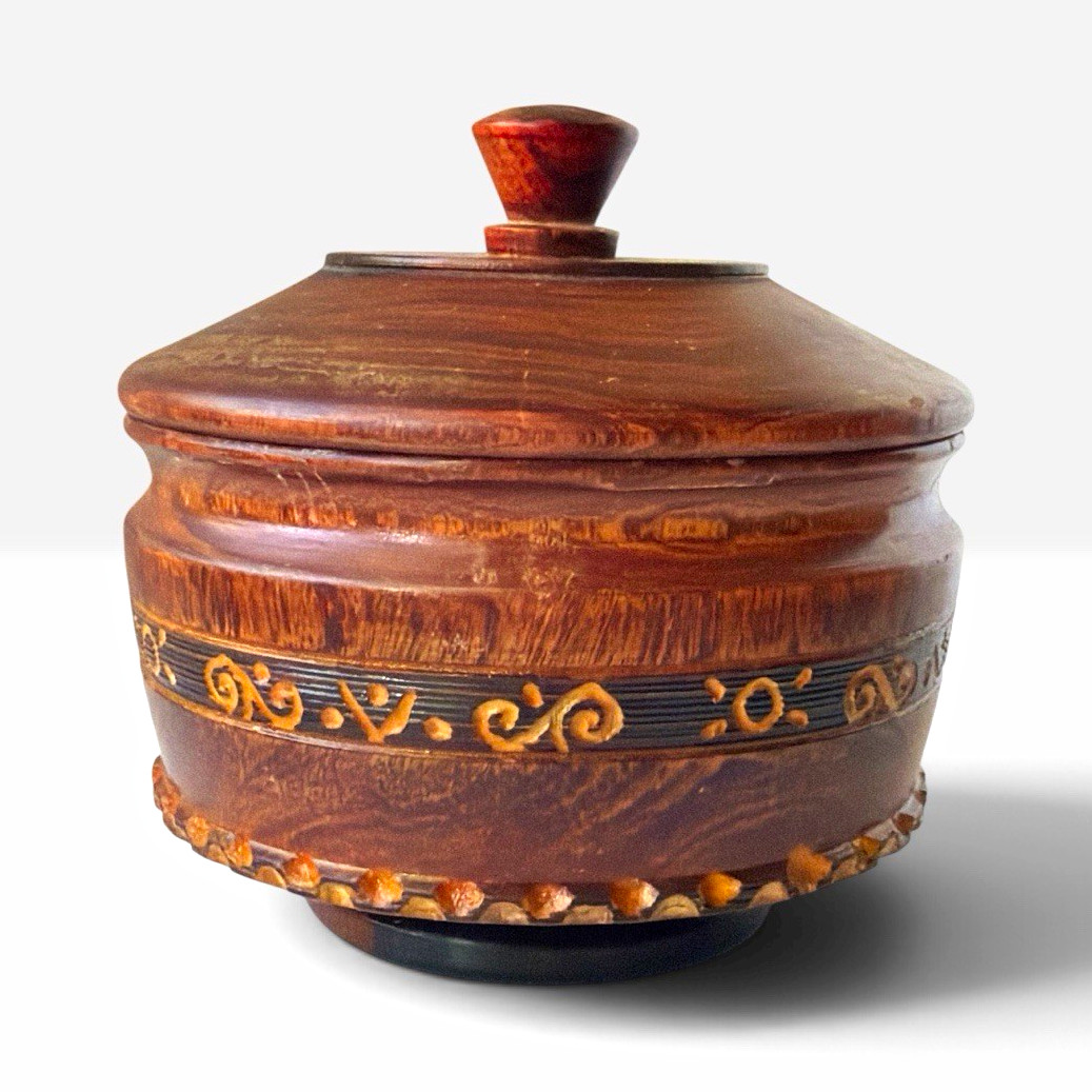 Vintage Hand Turned Wood Lidded Vessel Carved Painted Folk Art Treen Bowl