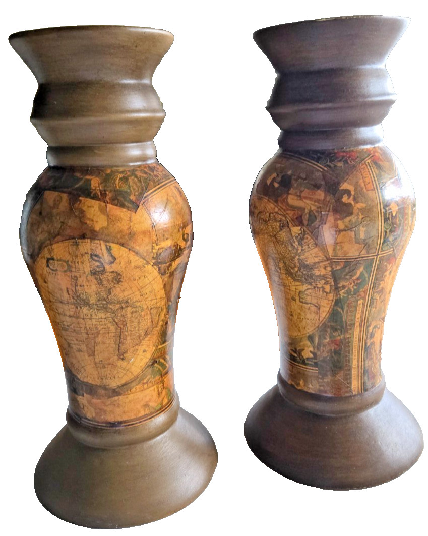 Vintage Pillar Candle Holder Set Of 2 VTG Large XL Candle Holder Map Design