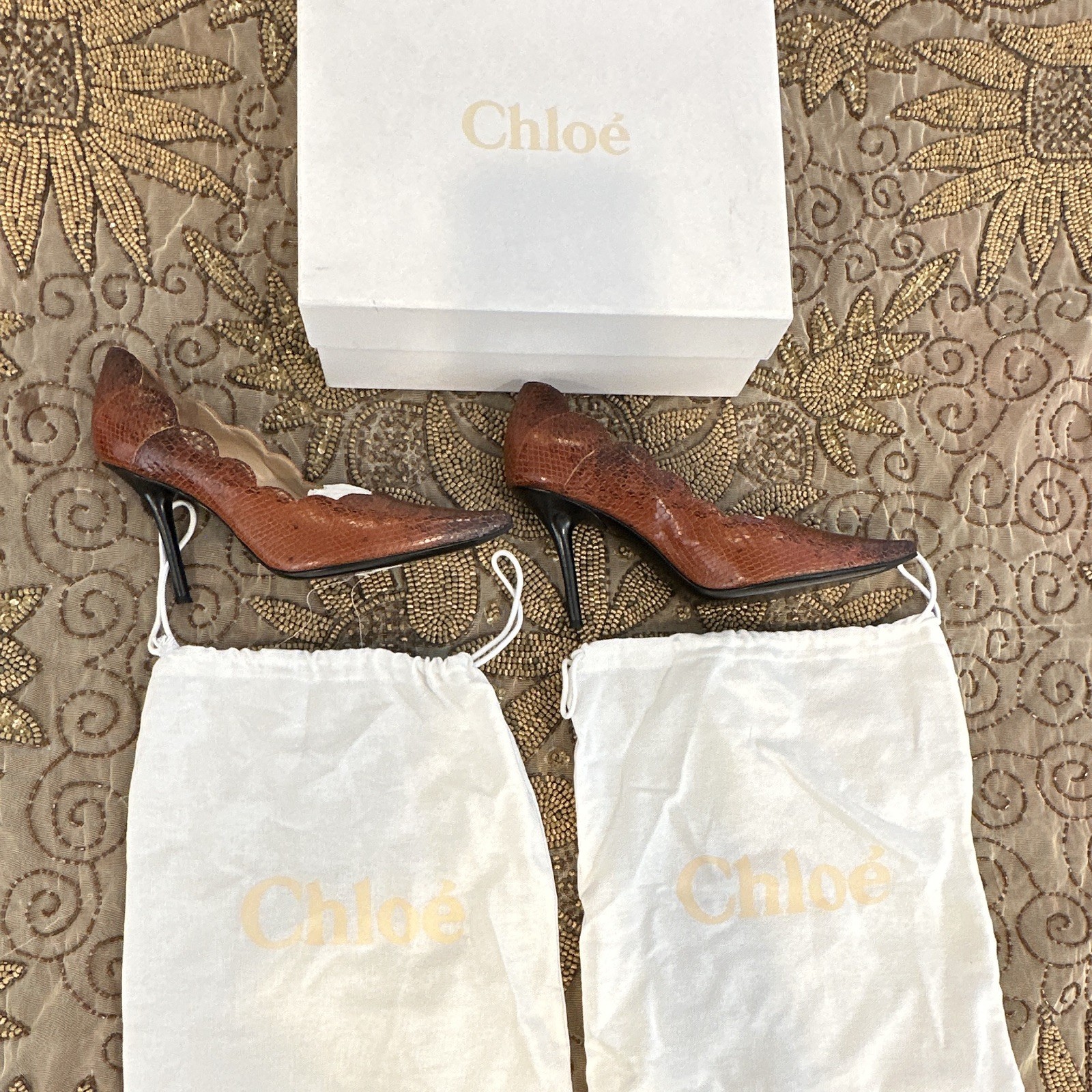 Chloé Women’s Brown Leather Animal Print Scalloped Pointed Toe Pumps 9.5