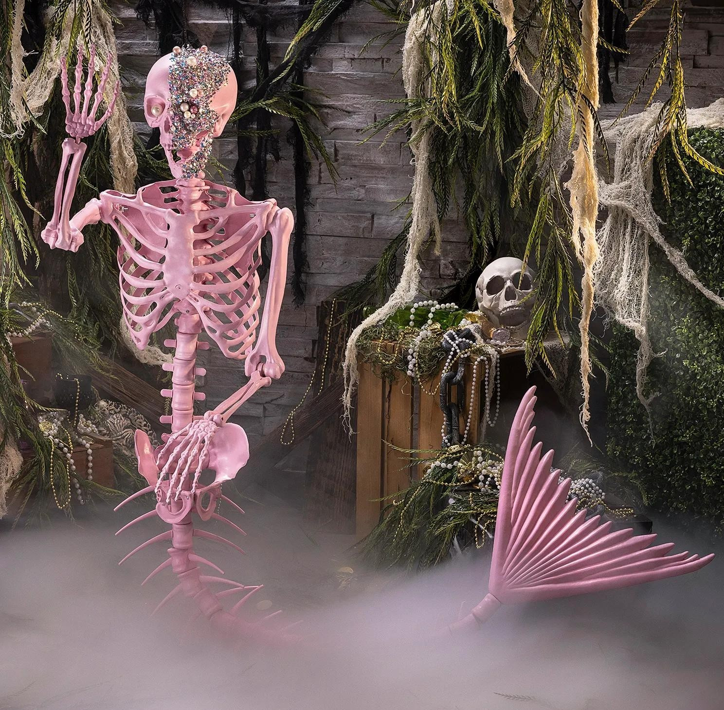 6 Ft Pink Jeweled Mermaid Skeleton Halloween Decoration, Life-Size Prop