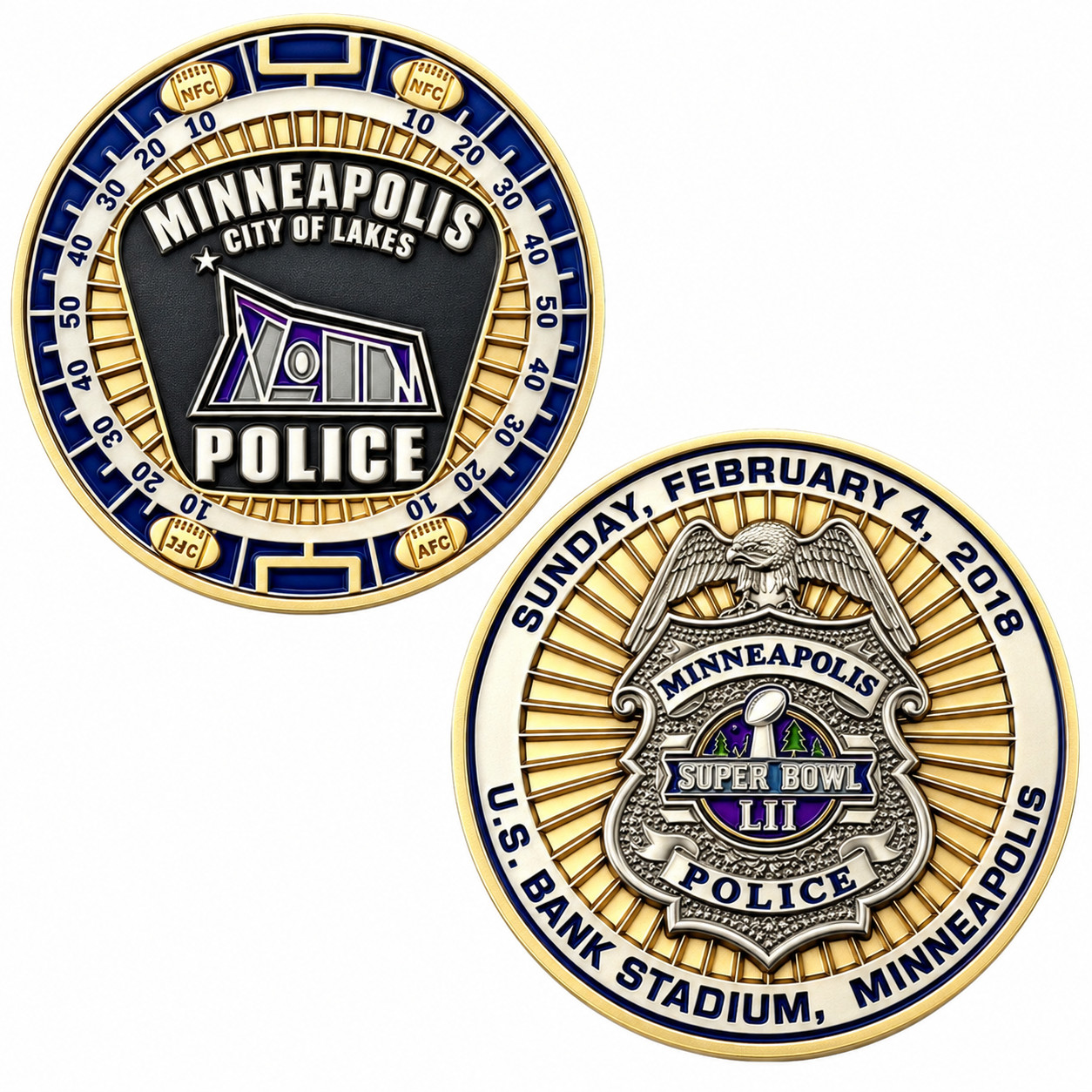 Minneapolis Police Super Bowl LII 2018 2 side Challenge Coin Football Souvenir