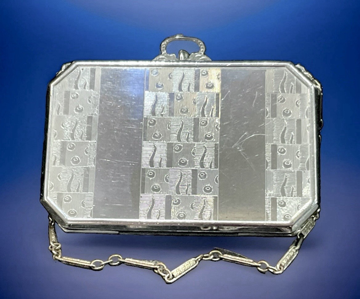 Vintage Dance Compact E.A.M. Art Deco Elgin 1920 Geometric Design Silverplate