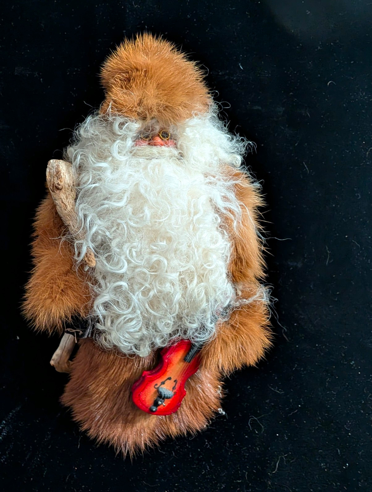 Vintage Handcrafted Rustic Santa Figurine Fur/Fabric/Wood w/staff & violin