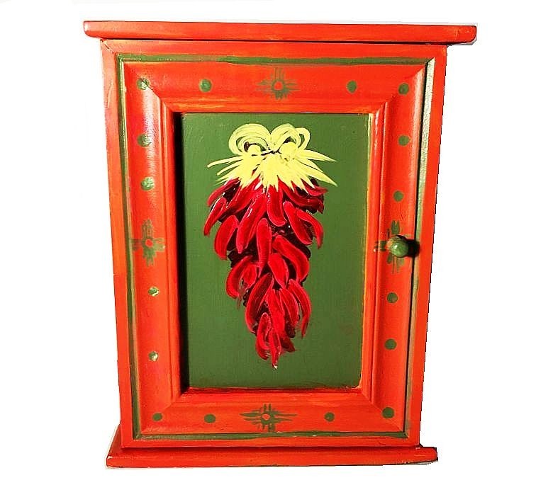 Vintage key cabinet. Hand painted Santa Fe style. Chi;li Ristra. Burnt orange.