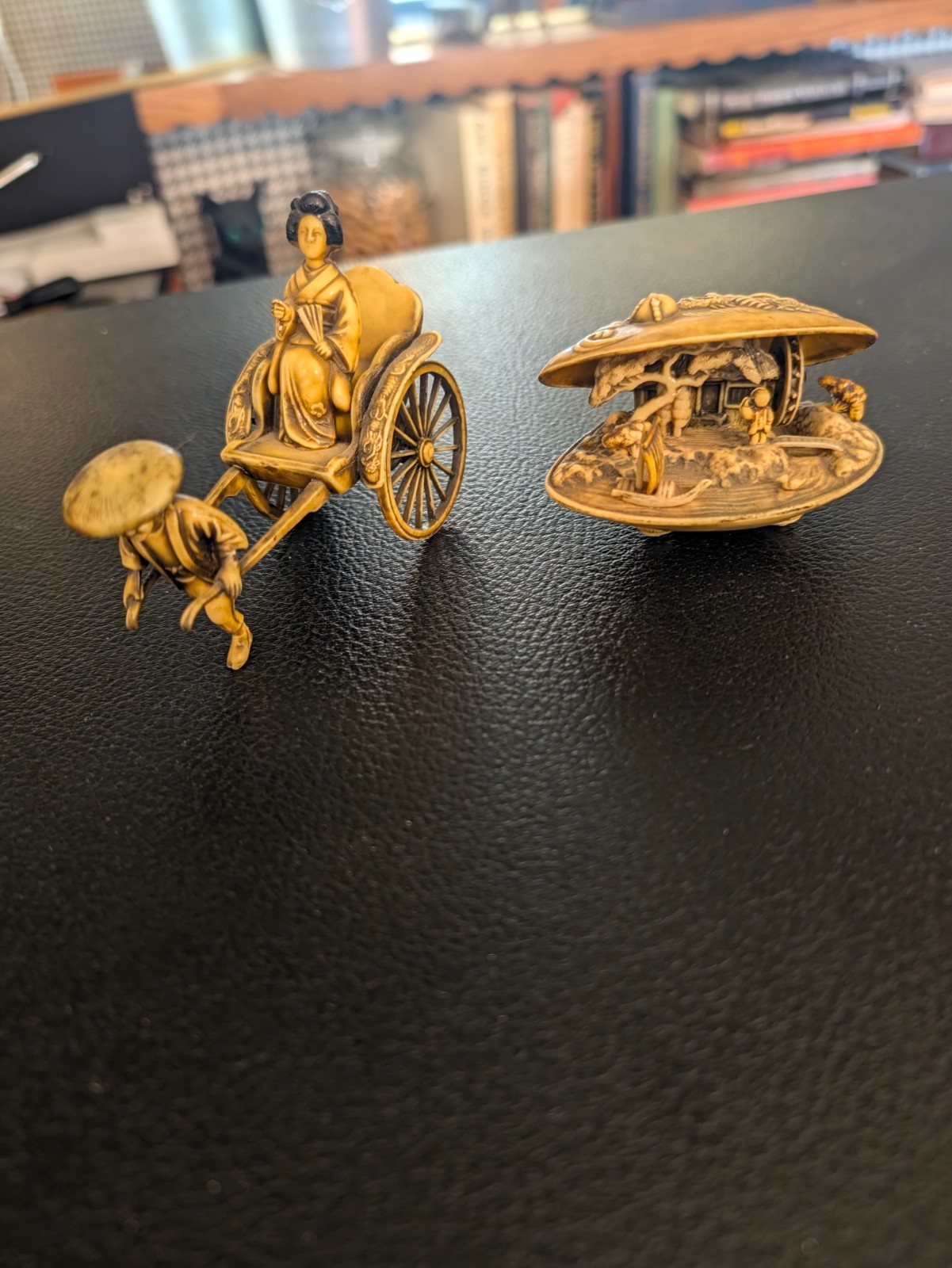 Vintage Japanese Resin Okimono Lot Rickshaw Geisha & Clam Shell Village Scene Vintage Japanese Resin Okimono Lot Rickshaw Geisha & Clam Shell Village Scene