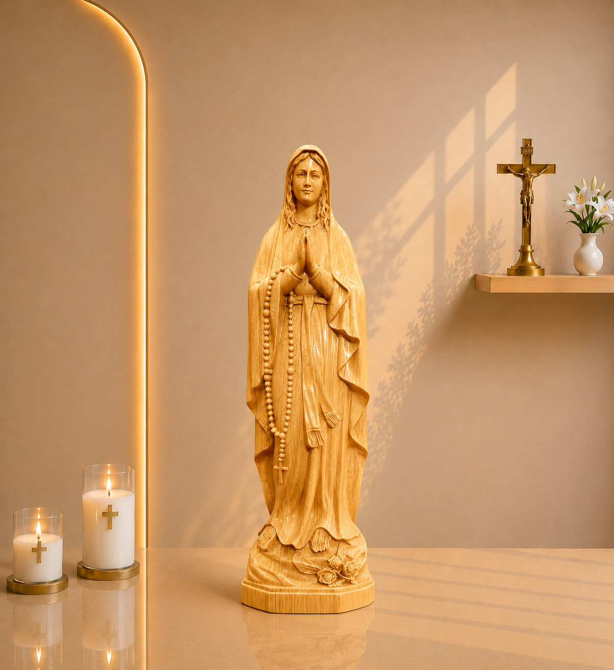 Our Lady of Lourdes Wooden Statue Hand Carved Virgin Mary Catholic Figure 7.9\