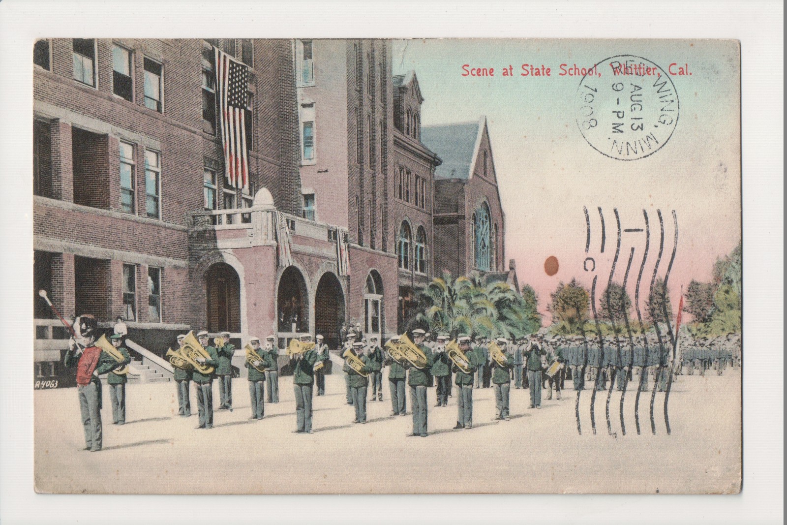 K-233 Whittier California Scene at State School Band 1908 Hand Colored Postcard