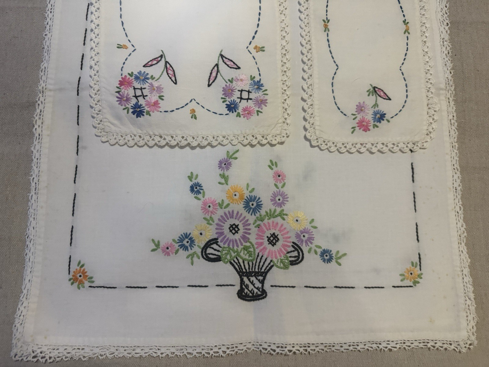 Vtg 1950s Dresser Scarves Floral Basket Hand Embroidered Crocheted Linen 3 Pcs