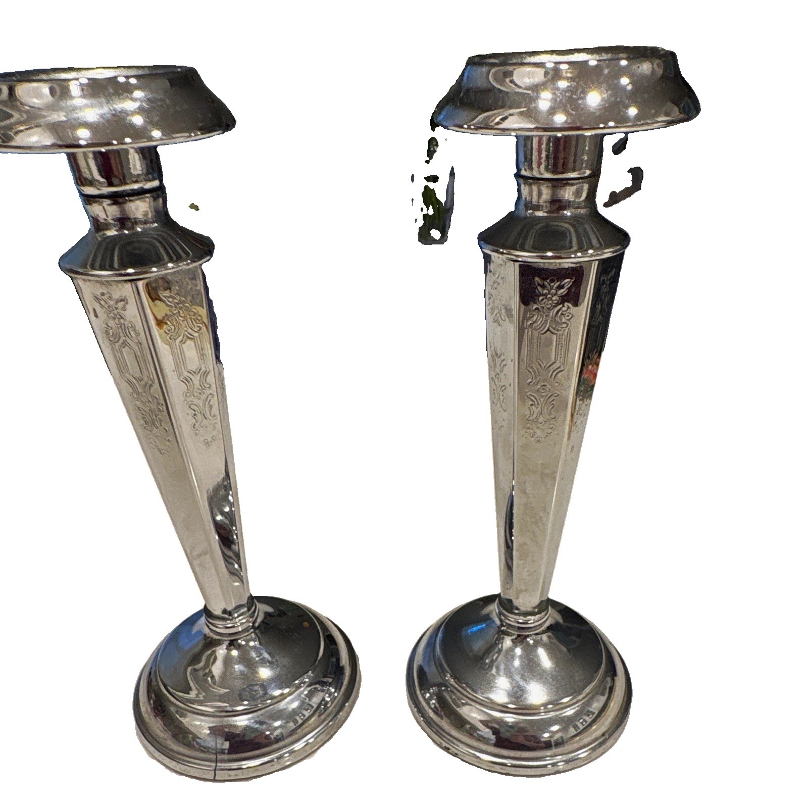 2-VTG / ATQ Chrome Art Deco (1920-30’s) by Cromwell Metal Etched Candle Holders 