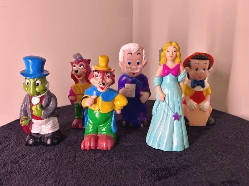 RARE Set of 6 Vintage Pinocchio Rubber Squeak Toys Disney Italian 1960s-70s